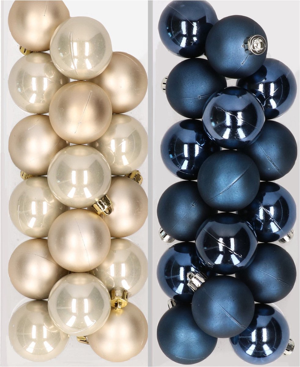 32x stuks kunststof kerstballen mix van champagne en donkerblauw 4 cm - Kerstversiering