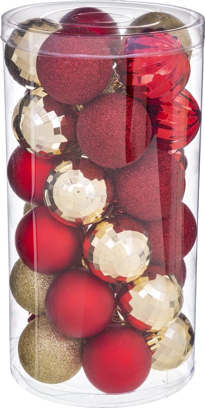 60x stuks kerstballen mix rood/champagne glans en mat kunststof diameter 6 cm - Kerstboom versiering