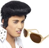 Ensemble costume Elvis perruque noire et lunettes pour homme - Thème Rock and Roll des années 50/60