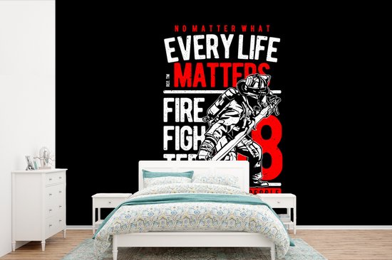 Behang - Fotobehang Mancave - Brandweer - Vintage - Rood - Zwart - Breedte 330 cm x hoogte 220 cm