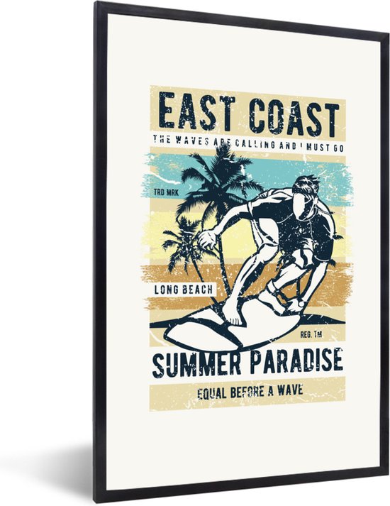Cadre photo avec affiche - Planche de surf - Mer - Plage - Vintage - 60x90 cm - Cadre pour affiche