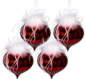 Clayre & Eef Kerstbal Set van 4 Ø 10 cm Rood Wit Glas Kerstboomversiering