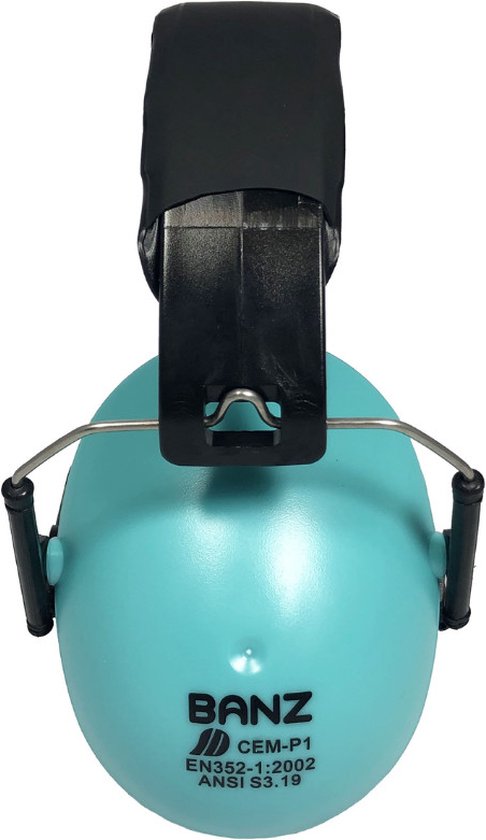 Casque antibruit turquoise pour enfants avec 'Banz CEM-P1' et certifications. Serre-tête réglable.