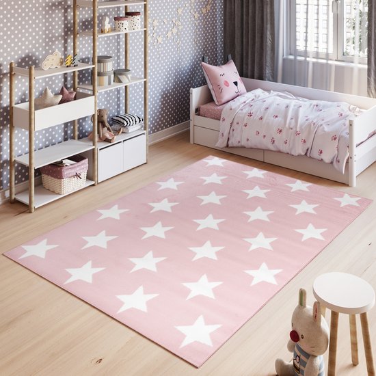 Tapiso Pinky Vloerkleed Roze Sterren Kinderkamer Tapijt Maat- 80x150