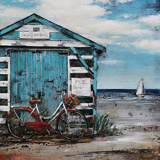 Schilderij - Wanddecoratie - Metalen - Strandhuis - Decoratie - Woonaccessoires - 60x60x5 cm