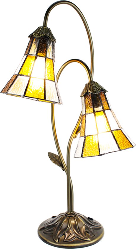 LumiLamp Tiffany Tafellamp 35x18x61 cm Beige Bruin Kunststof Glas Tiffany Bureaulamp