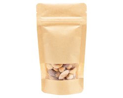 Stazakken kraftpapier met venster 85 x 125 mm (100 ml) Hersluitbaar Voedselveilig Luchtdicht en Vochtdicht Gelamineerd - per 100 stuks - Blok Bodem - Sta Zakken - Hersluitbare Stazak - Gripsluiting - Traktatiezakjes - Hersluitbare zakjes - Ziplock za