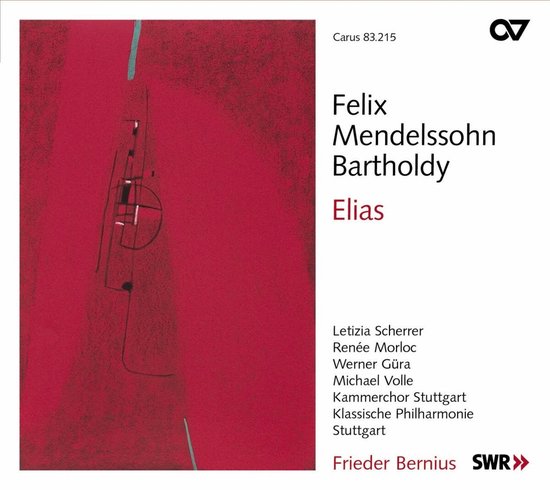 Abstracte rode omslag met zwarte lijnen en een cirkel. Tekst: Felix Mendelssohn Bartholdy Elias.