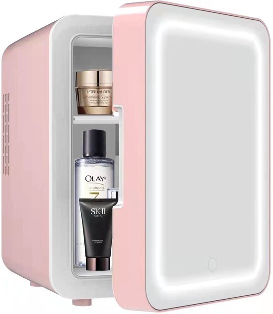 Mini koelkast: Olvy Skincare Fridge - Beauty Koelkast - Met Spiegel en Verlichting - Make-up Koelkast - Roze - Cosmetica - 4 Liter, van het merk Olvy