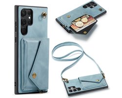 Casemania Hoesje Geschikt voor Samsung Galaxy S22 Ultra - Aqua Blue - Luxe Backcover met Koord en Magnetische Sluiting - Portemonnee Wallet Case met Pasjeshouder en Opbergvak - Lanyard Telefoonhoes - Cord Case