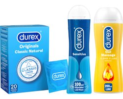 Durex - 300ml Glijmiddel - Play Massage 2/1 Sensitive 200ml - Sensitive Gel 100ml - 20 stuks Condooms - Classic Natural - Voordeelverpakking