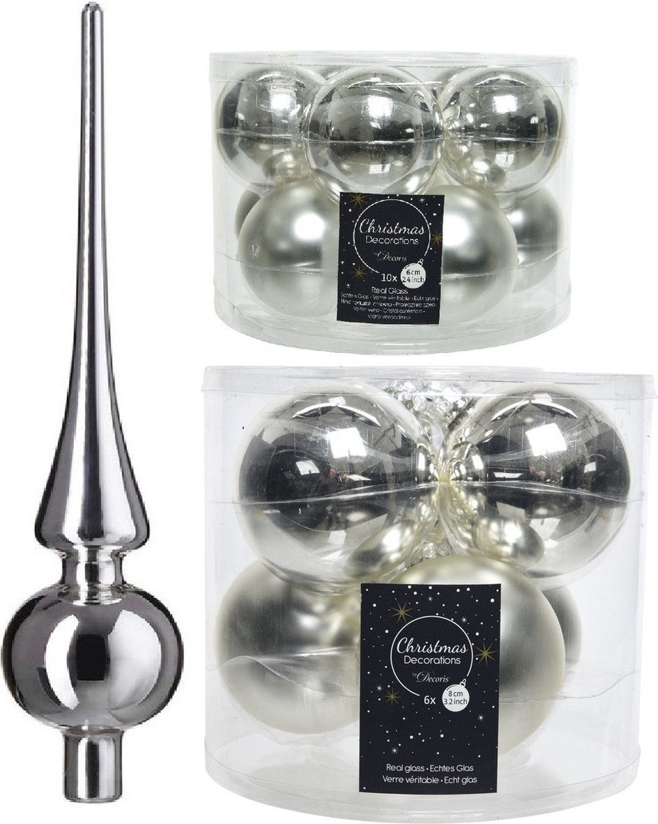 Compleet glazen kerstballen pakket zilver glans/mat 32x stuks met piek glans - 20x 6 cm - 12x 8 cm