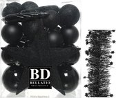 Kerstversiering kunststof kerstballen 5-6-8 cm met ster piek en sterren folieslingers pakket zwart 35x stuks - Kerstboomversiering