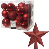 Kerstversiering kunststof kerstballen rood 6-8-10 cm pakket van 27x stuks - Met kunststof ster piek van 19 cm