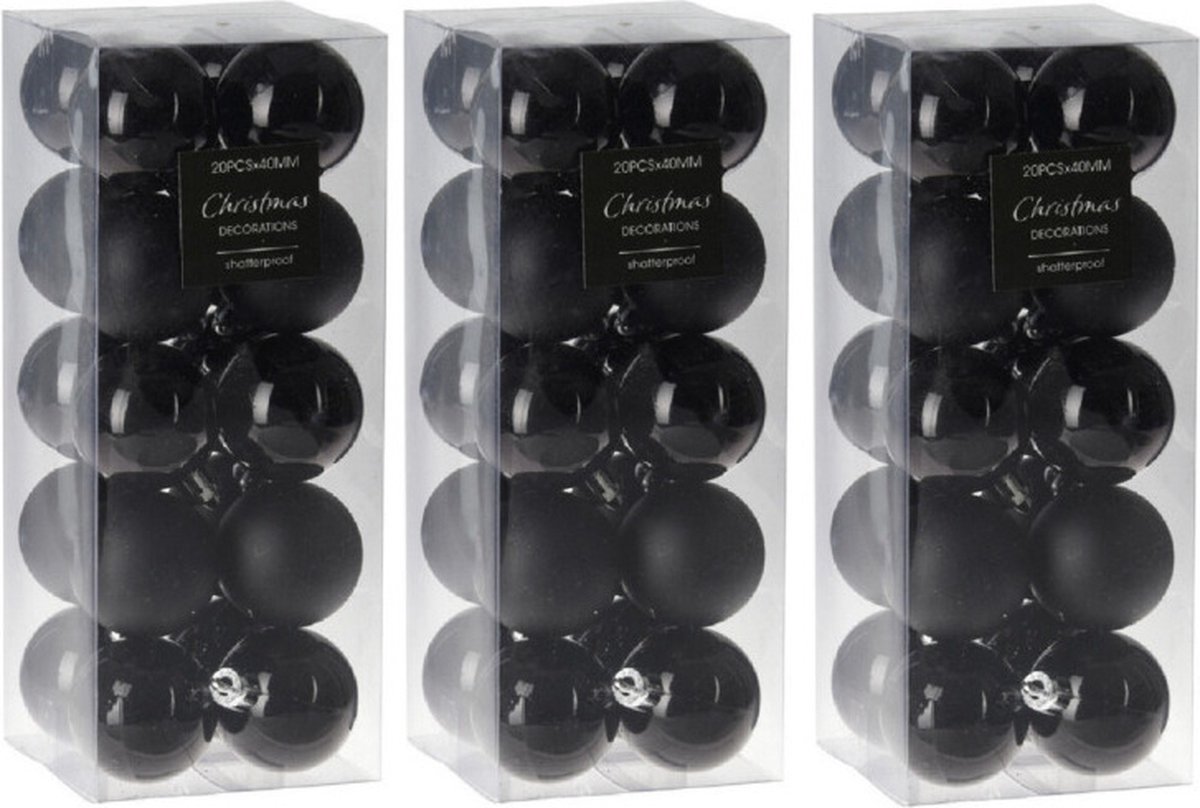 60x stuks kleine kunststof kerstballen zwart 4 cm - glans/mat/glitter - Kerstversiering