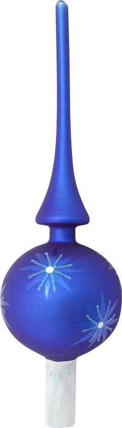 Blauwe kerstboom piek van glas met zilveren sterren en een conische punt.