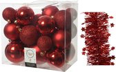 Kerstversiering kunststof kerstballen 6-8-10 cm met sterren folieslingers pakket rood van 28x stuks - Kerstboomversiering