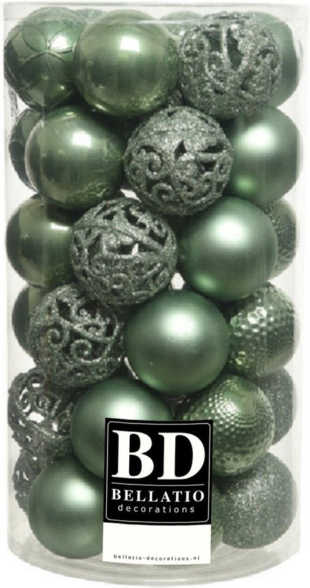 37x stuks kunststof kerstballen salie groen 6 cm inclusief kerstbalhaakjes - Kerstversiering - onbreekbare kerstballen