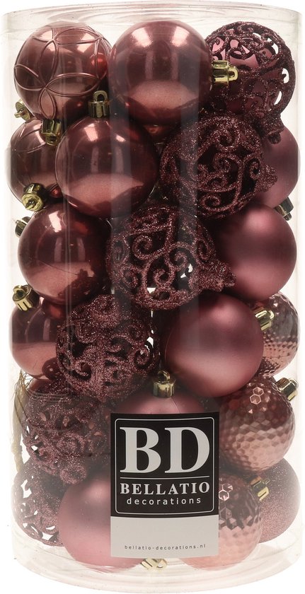 Een transparante buis gevuld met 37 stuks onbreekbare, oudroze kerstballen van 6 cm. Diverse afwerkingen: mat, glanzend en glitter.