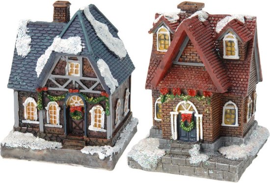 2x Kersthuisjes/kerstdorpje met gekleurde verlichting 13 cm - Kerstdorpen maken accessoires