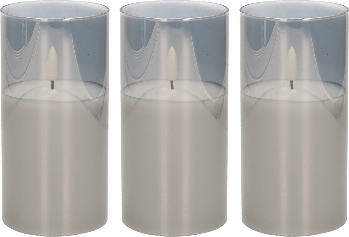 3x stuks luxe led kaarsen in grijs glas D7,5 x H15 cm - met timer - Woondecoratie - Elektrische kaarsen
