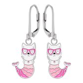 Oorbellen meisje | Zilveren kinderoorbellen | Zilveren oorhangers, zeemeermin kat met zonnebril