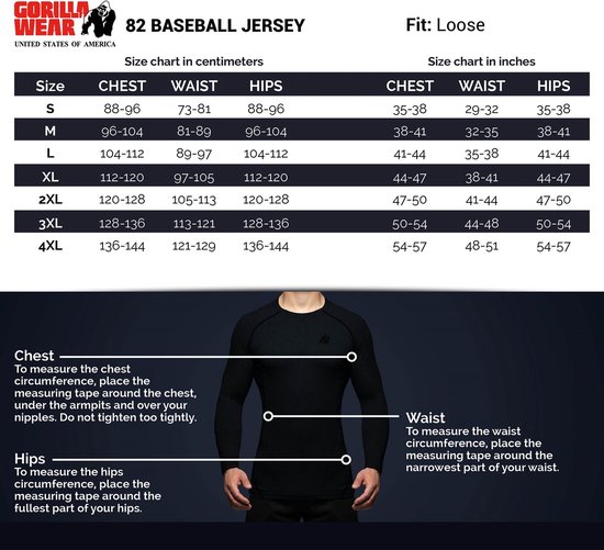 Maattabel voor de Gorilla Wear 82 Baseball Jersey, met afmetingen voor borst, taille en heupen in cm en inches.