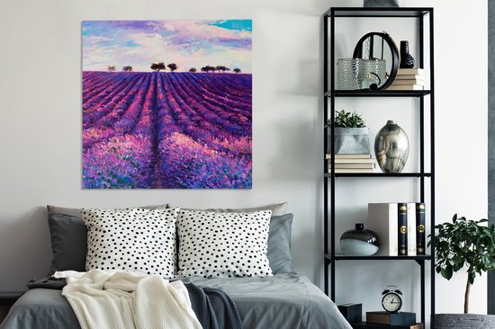 Toile - Huile - Fleurs - Lavande - Peinture - Violet - 90x90 cm - Décoration murale - Intérieur