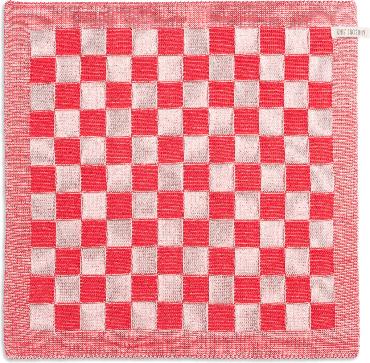 Knit Factory Gebreide Keukendoek - Keukenhanddoek Block - Geblokt motief - Handdoek - Vaatdoek - Keuken doek - Ecru/Rood - Traditionele look - 50x50 cm