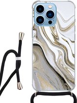 Hoesje met koord - Geschikt voor iPhone 13 Pro - Marmer wit goud - Verstelbaar zwart koord - Transparant, Goud, Wit - Marmer - Leuke Telefoonhoesjes