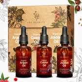 The Oganics -Castor Oil, Argan Oil, Jojoba Oil Discovery Wellness Set 3 x 50ml - The perfect gift: organic products in an aesthetic cardboard packaging - Beauty Set face, body oil, hair oil, face oil