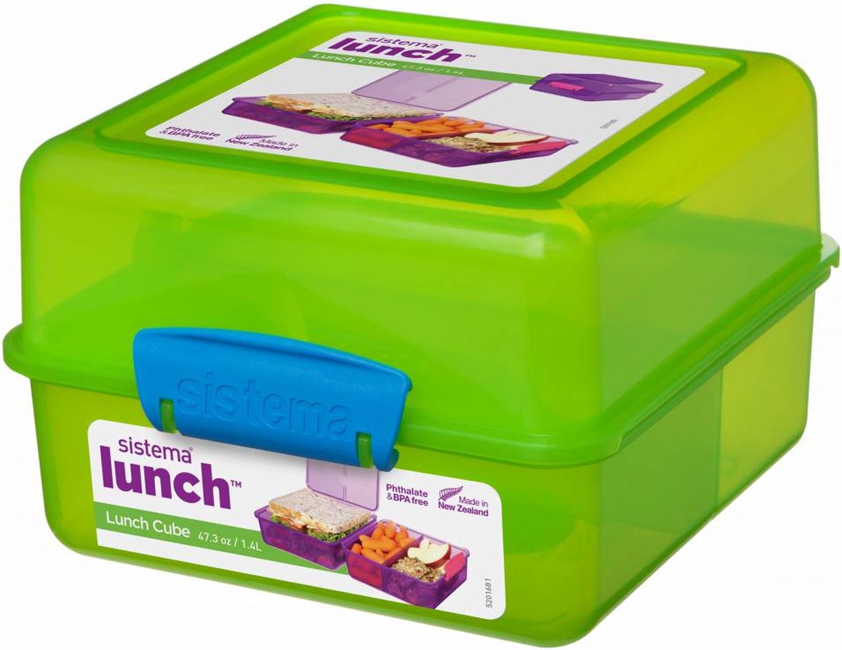 LunchBox 'Cube' (1,4l) - Groen met gekleurde clips
