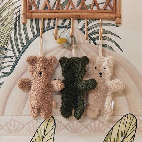 Drie teddybeer speenkoorden: beige, groen en crème.