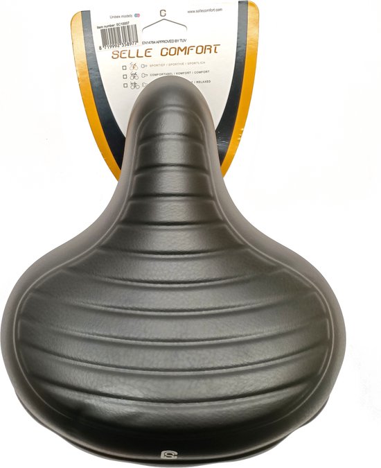Zwart Selle Comfort fietszadel met ribbels en verpakking.