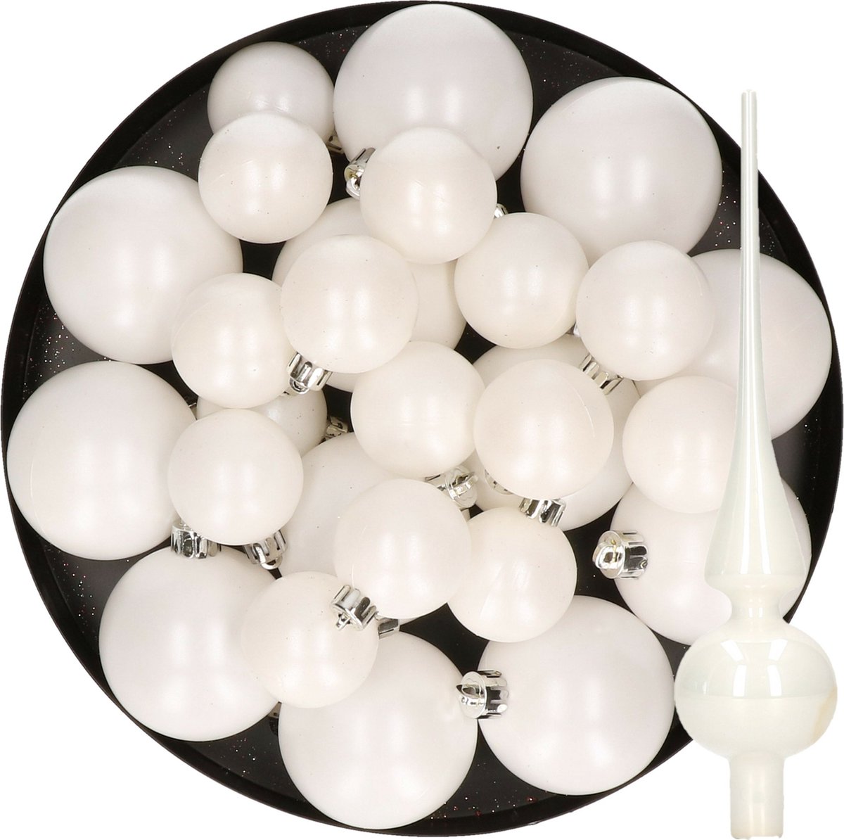 Kerstversiering kunststof kerstballen winter wit 6-8-10 cm pakket van 45x stuks - Met glazen glans piek van 26 cm