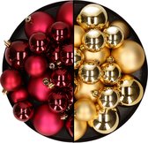 Kerstversiering kunststof kerstballen kleuren mix donkerrood/goud 6-8-10 cm pakket van 44x stuks
