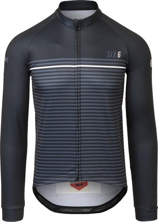 Zwart fietsshirt met lange mouwen, met horizontale grijze strepen op de voorkant en 'SIX6'.
