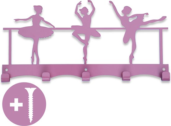 Porte-manteau pour enfants - Ballerina Design - Crochets pour chambre d'enfant - Porte-manteau mural - Rose - Acier - 5 Crochet - 34 cm - Y compris le matériel de fixation - Crochets de suspension - Porte-manteau Enfants