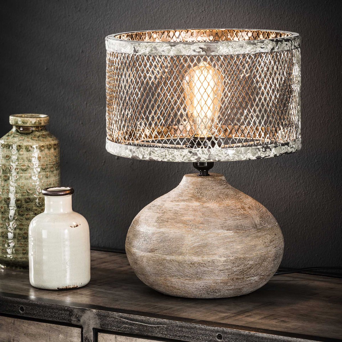 Tafellamp massief houten bolle voet | 1 lichts | grijs | metaal | 40 cm | modern / sfeervol design
