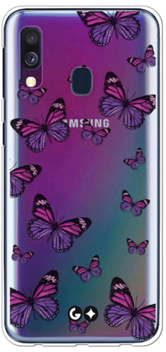 Telefoonhoesje geschikt voor Samsung Galaxy A40 - Transparant Siliconenhoesje - Flexibel en schokabsorberend - Dierencollectie - Beauty Flies - Paars