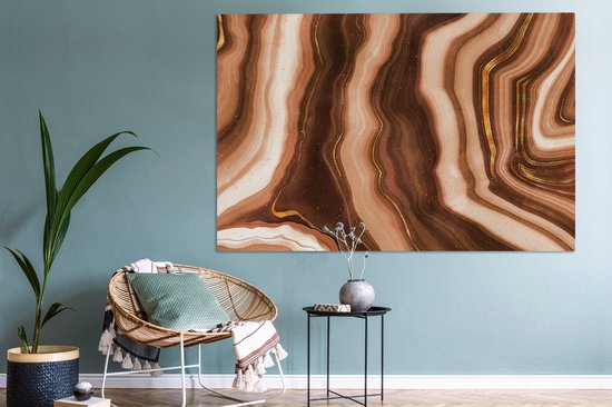 Canvas schilderij 150x100 cm - Wanddecoratie Agaat - Bruin - Goud - Geode steen - Muurdecoratie woonkamer - Slaapkamer decoratie - Kamer accessoires - Schilderijen