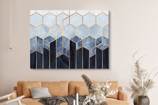 Toile Peinture Hexagone - Gold - Luxe - Motifs - 160x120 cm - Décoration murale XXL