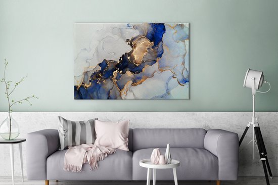 Toile Peinture Marbre - Blauw - Or - 140x90 cm - Décoration murale