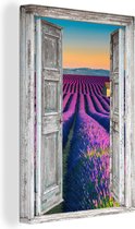 Canvas Schilderij Lavendel - Zomer - Doorkijk - Bloemen - 20x30 cm - Wanddecoratie