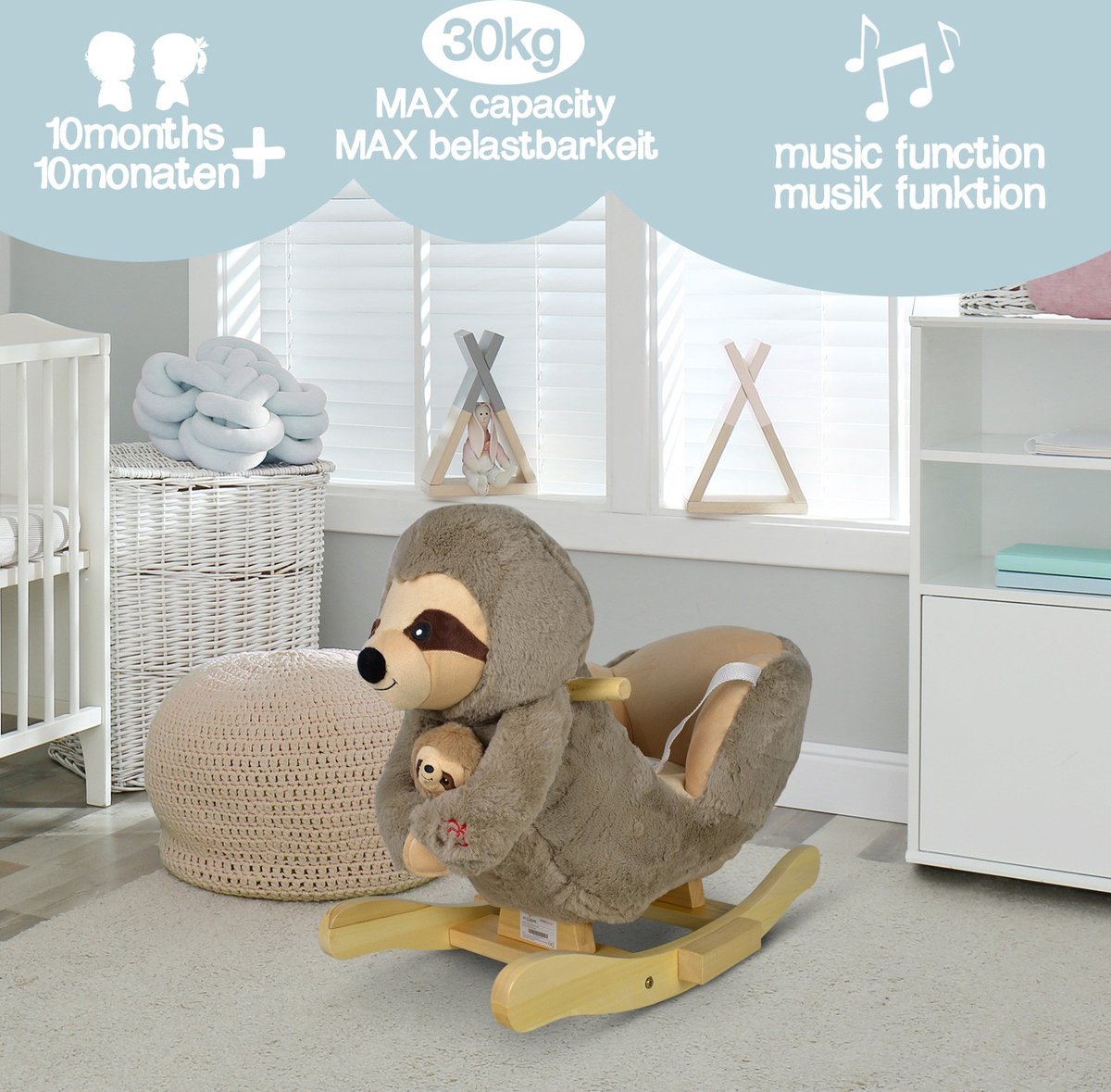 WOLTU hobbelpaard hobbeldier babyspeelgoed met dierengeluiden en handvatten voor 18-36 maanden, pluche, PP katoen, wit grijs, 71x32x57 cm