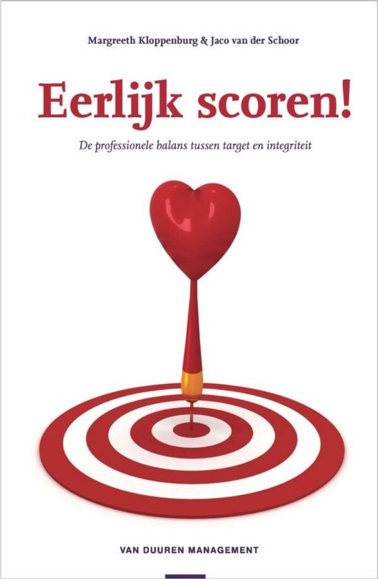 Boekomslag 'Eerlijk scoren!' met dartbord, pijl met hart, auteurs en uitgever.