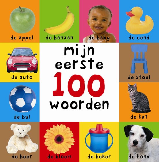 Kleurrijk kinderboek Mijn eerste 100 woorden met foto's van alledaagse objecten en dieren.