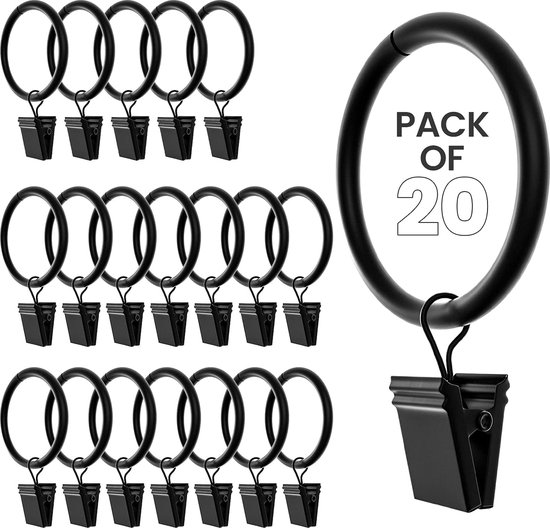 Un lot de 20 anneaux de rideaux noirs avec clips.