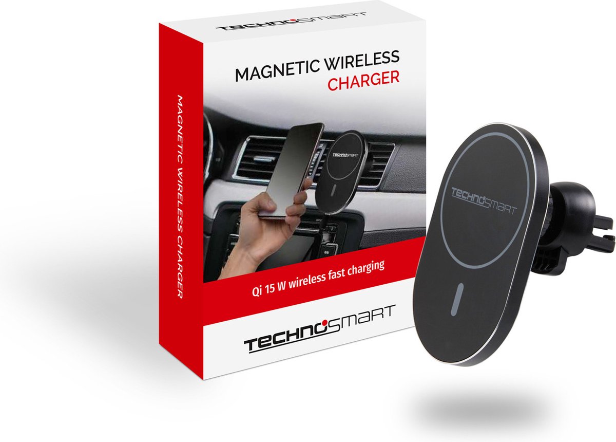 Technosmart Draadloze Auto Oplader - Snellader - Magnetisch - Qi-compatibilteit - Mobiele Telefoonhouder - 15 W - 10 x 6,5 x 3 cm