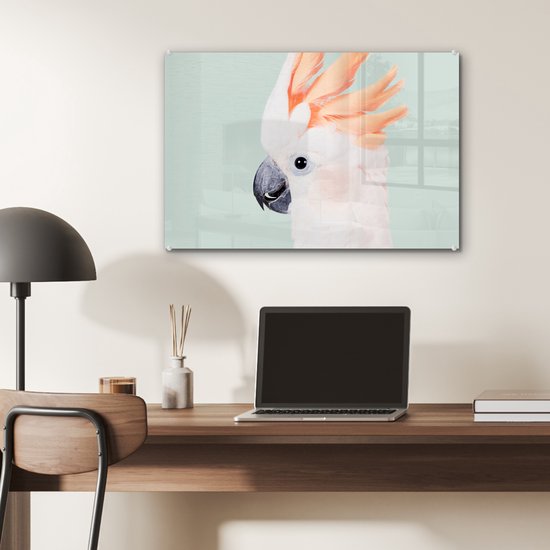 MuchoWow® Glasschilderij 60x40 cm - Schilderij acrylglas - Kaketoe - Dieren - Natuur - Wit - Foto op glas - Schilderijen